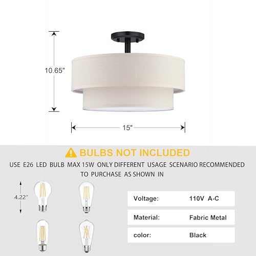 3 Light 15" Cream Fabric Black Semi Flush Mount Close to Ceiling Light Fixture