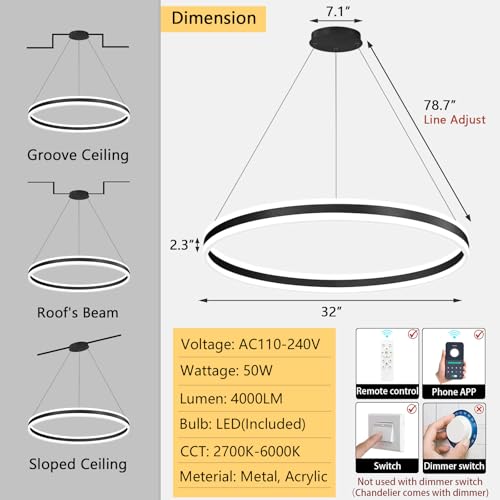 D31.5'' Modern Ring Chandelier for Dining Room LED Dimmable Pendant Lighting High Ceiling Chandelier for Living Room Foyer Bedroom Entryway 3000K