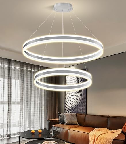 D23.6''+31.5'' Modern Ring Chandelier for Dining Room LED Dimmable Pendant Lighting High Ceiling Chandelier for Living Room Foyer Bedroom Entryway 3000K