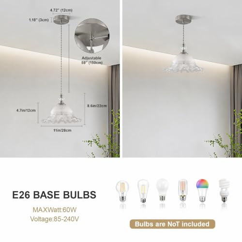 1 Pack Vintage Brushed Nickel Crystal Glass Pendant Light Fixture (Brushed Nickel / 1-Light)