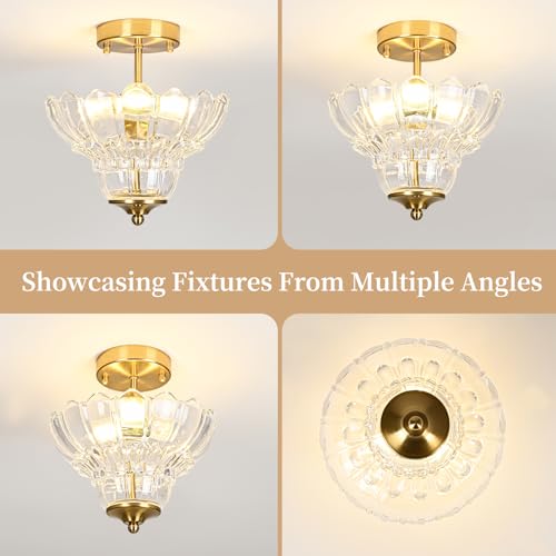 Vintage Gold Semi Flush Mount Light with Floral Class Shade (Gold)