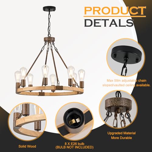 Farmhouse Wagon Wheel Chandelier 23.6" Wooden Rustic Light Fixtures 8
