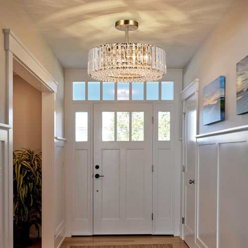 15.8“ Modern Crystal Chandelier Gold Round Semi Flush Mount Ceiling Light Fixture Chandelier for Living Room Dining Room Bedroom Hallway Entryway Kitchen