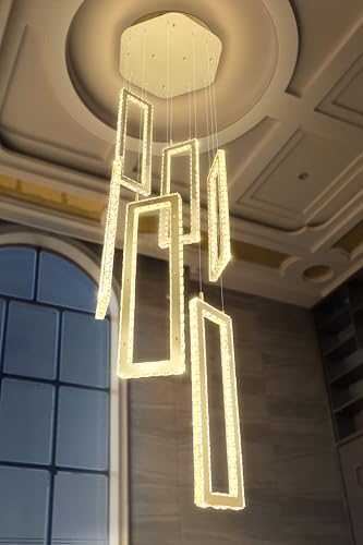 Modern Led Gold Chandelier Adjustable 6 Rings Crystal Chandelier for Living Room Foyer Stairwell Lighting High Ceiling Lamp Dimmable 2700K