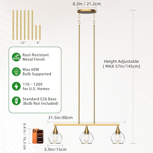 Brushed Gold Kitchen Island Linear Pendant Light