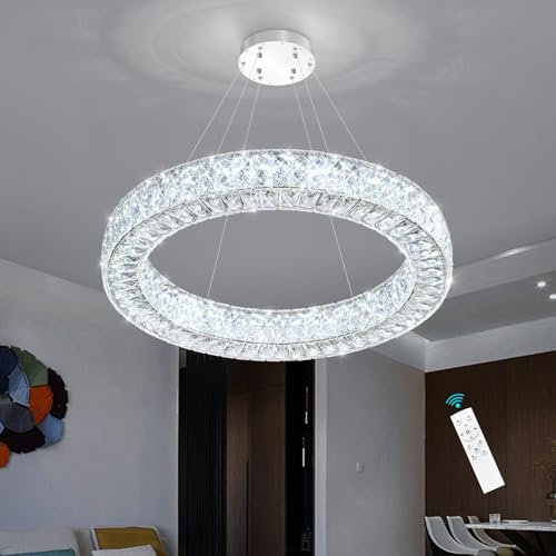 32 Inch Chandelier Glam Dimmable LED Crystal Chandeliers Luxury Round Pendant Lighting Fixtures for Dining Room Bedrooms Silver