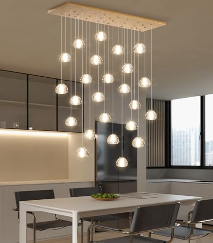 24 Lights Modern Crystal Rectangular Chandelier LED Raindrop Ceiling Pendant Light Crystal Lighting Fixture for Living Room Hotel Staircase Hallway Foyer Entryway Bedroom Gold (24 Count)