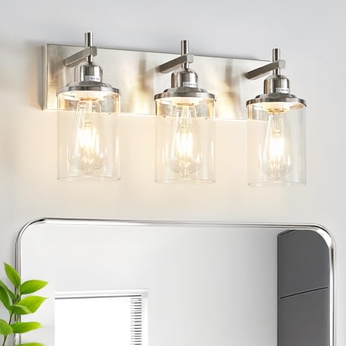 3 Light Brushed Nickel Bathroom Light Fixture Over Mirror Modern Bathroom Vanity Light Vintage Wall Lighting with Clear Glass Shade for Bathroom (3 Count)