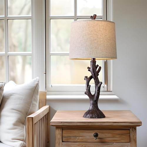 25" Farmhouse Table Lamp Set of 2 for Living Room Bedroom Resin Bedside Tree Lamp Nightstand End Table Lamps Vintage Natural Style (2 Count)