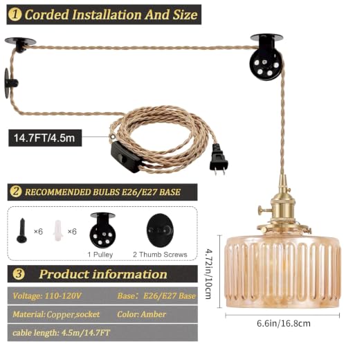 Plug in Pendant Light Hanging Light Fixture Corded On