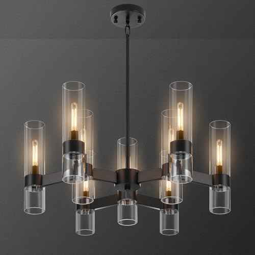 9-Light Black Farmhouse Chandeliers for Dining Room Light Fixture 28" | Modern Chandelier Over Table with Clear Glass Cover for Living Room Kitchen Island Bedroom Foyer Hallway Bathroom Restaurant