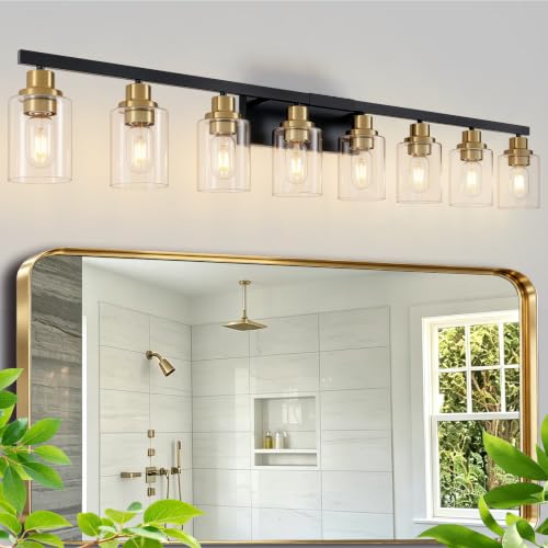 8 Light Bathroom Light Fixture Black and Gold Vanity Lights