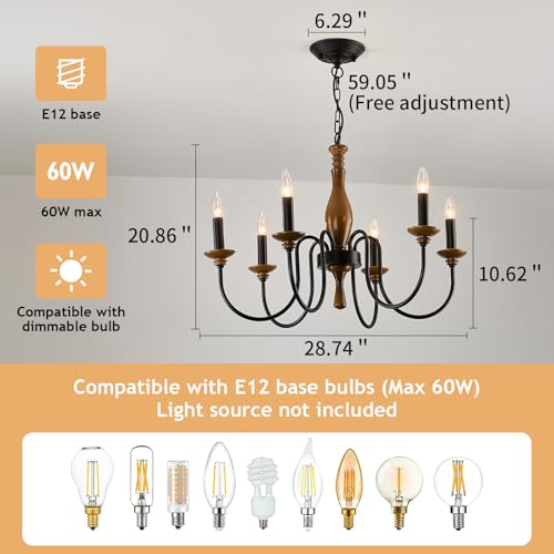 Farmhouse Wood Chandelier for Dining Room Rustic Candle Ceiling Chandelier Black Adjustable Hanging Light Fixture for Kitchen Living Room Foyer Entryway