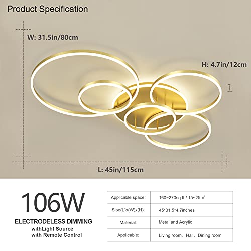 Modern LED Ceiling Light 106W Dimmable LED Acrylic Ceiling Lamp with Remote Control 6 Rings Flush Mount Ceiling Light Gold Ceiling Chandelier for Living Room Dining Room Bedroom Kitchen