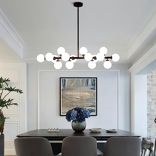 Modern Linear Chandeliers Black 16 Lights Pendant Light Fixtures Bubble Glass Chandelier Mid Century Sputnik Chandelier for Kitchen Island Dining Room