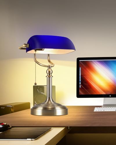 Blue Glass Bankers Desk Lamp