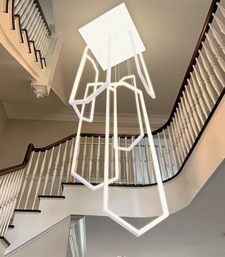 6 Rings Modern Chandelier White Large Contemporary LED Dimmable Light for Living Room Entrance High Ceiling Chandeliers with Remote Control for Villa Foyer