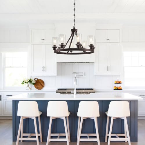8 Light Farmhose Chandelier for Dining Room Light Fixture Oil Rubbed Bronze Kitchen Pendant Light Round Rustic Ceiling Hanging Lighting with Glass Globes Adjustable Height Metal E26