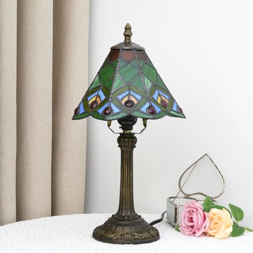 Green Small Tiffany Lamp Stained Glass Table lamp Peacock Tail Bedroom Bedside Light for Living Room Dormitory Bar Retro Style Unique Cute funky Accent Decor Cottage 8" Village gift Nightstand Lamp
