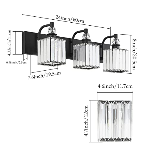 Crystal Black Vanity Light for Bathroom 3 Light 24''Modern Matte Black Bathroom Vanity Lighting Fixtures Over Mirror