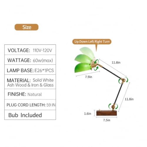 Adjustable Swing Arm Vintage Desk Lamp Modern Style Green Glass Solid Wood