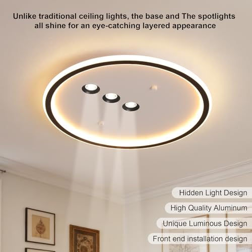 Modern Round LED Flush Mount Ceiling Light with Black Finish & 3 Spotlights