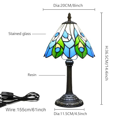 Tiffany Style Stained Glass Table Lamp Peacock's Tail Small Table Lamp Bedroom Bedside Lamp Living Room Dining Room Office Decoration Desk Lamp Home Decoration Creative Gift