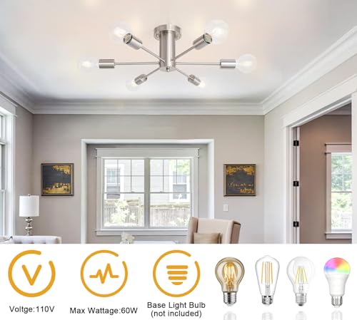 Kitchen Light Fixtures 6 Lights Ceiling Lights Fixture Nickel Modern Semi Flush Mount Lighting Sputnik Chandelier for Bedroom Dining Room Hallway