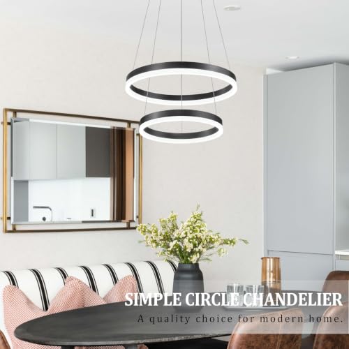 Modern Black Led Chandelier 2 Rings Dimmable LED Chandeliers with Remote Control Light Fixture for Kitchen Island Height Adjustable Chandelier Led Pendant Light for Living Room Dining Room