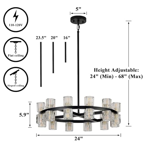 24 Inch Black Wagon Wheel Chandelier with Crystal Shades
