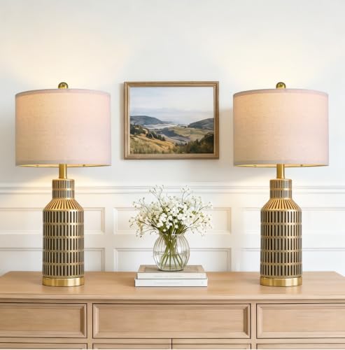 25" Gold and Black Modern Ceramic Bedside Lamp Set of 2 for Bedroom Decor Farmhouse Table Lamp for Living Room Office Dorm