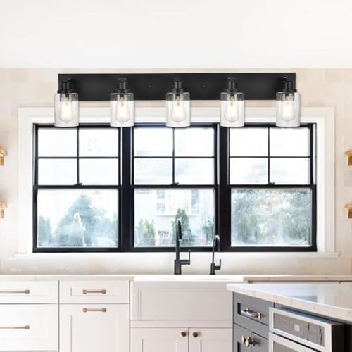 5 Lights Farmhouse Bathroom Vanity Light in Black Finish Wall Mount Lighting Fixtures with Seeded Glass for Mirror Cabinet Kitchen Bedroom