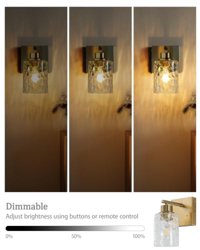Hammered Glass Wireless Battery Operated Wall Sconces Set of Two Gold