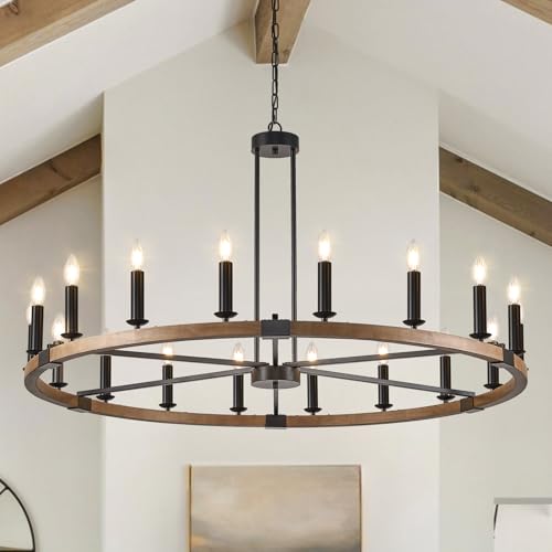 Farmhouse Large Wagon Wheel Chandelier 18 Light Wood Round Chandeliers 47in