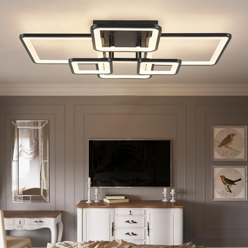 Modern LED Ceiling Light Fixture Black Kitchen Lighting Fixtures Ceiling for Bedroom 31.5" Dimmable 6 Ring Square Ceiling Light for Kitchen with Remote Control for Living Room