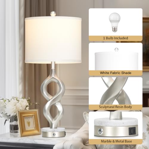 30" Tall Silver Sculptural Table Lamp for Living Room & Bedroom
