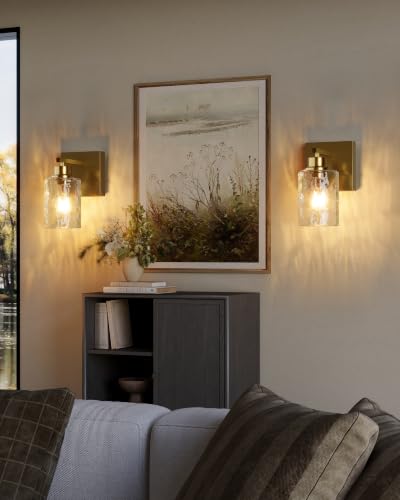 Hammered Glass Wireless Battery Operated Wall Sconces Set of Two Gold