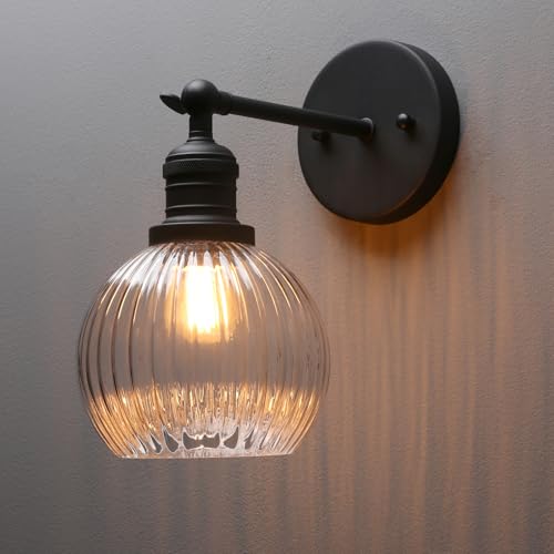 Vintage Wall Sconce Indoor Adjustable Wall Sconce with Ribbed Globe Glass Shade Black Wall Light Fixtures for Hallway Bathroom Kitchen Living Room