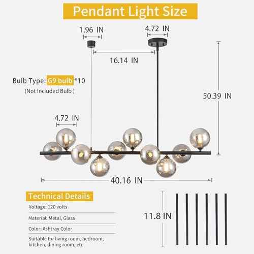 Linear Chandeliers for Dining Room 10 Light Modern Linear Chandelier Sputnik Ceiling Light Fixture, 40" Island Lights for Kitchen with Smokey Gray Lampshade Dining Room Chandelier Height Adjustable