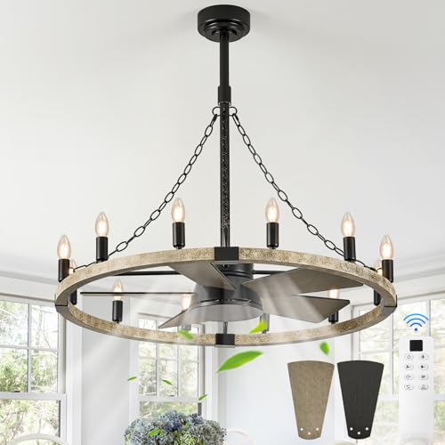Rustic Wagon Wheel Chandelier with Fan Farmhouse Light Fixture with Fan 35"