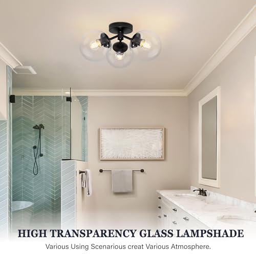 3 Light Modern Black Semi Flush Mount Ceiling Light Clear Glass Globe Ceiling Lights Mid Century Black Chandelier 3 Light Sputnik Ceilings Lights Fixture for Bedroom Hallway Entryway
