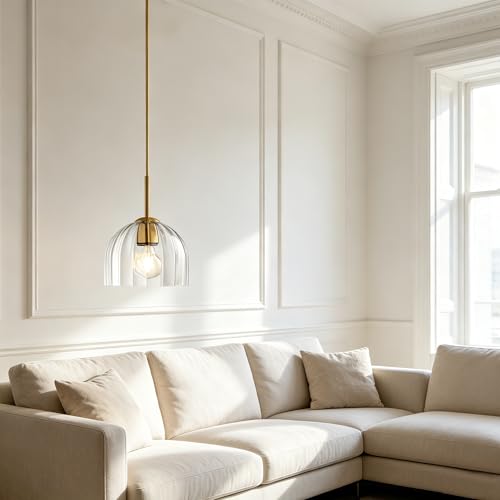 Clear Ribbed Glass Pendant Light Kitchen Island 7.8Inch Brass Hanging Lamp