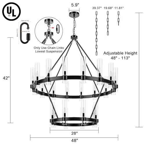 48 Inch Black Wagon Wheel Chandelier 2 Tier with Glass Shade