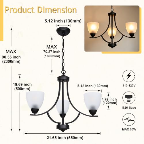 3 Light Shaded Contemporary Chandeliers with Alabaster Glass Black Rustic Light Fixtures Ceiling Hanging Mid Century Modern Pendant Lighting for Bed Room Dining Room Foyer Living Room