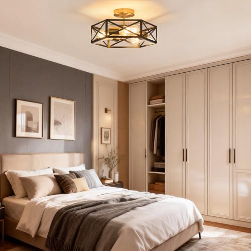 Modern Farmhouse Black and Gold Semi Flush Mount Ceiling Light 14.6 in