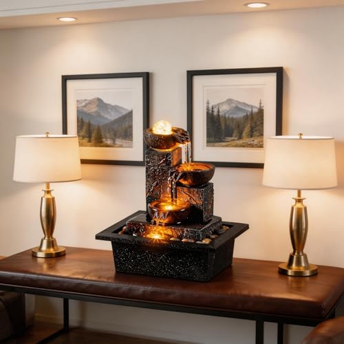 Three Bowls with Rotating Ball Flowing Tabletop Fountain Home Décor Indoor Decor Waterfall Sound Zen Mini Fountain Warm Led Light Pebbles Stone