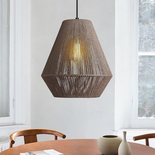 12” Woven Japandi Pendant Light for Kitchen Island Boho Hanging Lamp with Handwoven Rattan Basket Shade Adjustable Pendant Light Fixtures for Dining Room Bar Bedroom Foyer Hallway Dark Brown