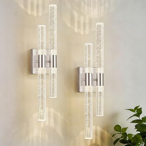 Crystal Wall Sconces Set of Two LED Wall Sconce Hardwired Brushed Nickel Bathroom Vanity Light Fixtures 21.25in 4000K Vertical and Horizontal Wall Mounted Sconces for Bedroom Living Room (2 Count)