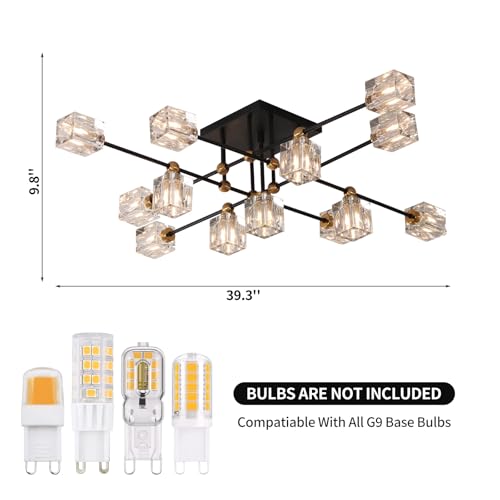 13 Light Crystal Ceiling Light Fixture Semi Flush Mount Ceiling Light Fixture Modern Black and Gold Sputnik Chandeliers for Dining Room Living Room Kitchen Island Hallway Bedroom