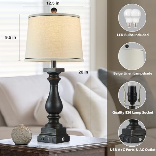 28" Tall Farmhouse Table Lamps with USB C+A Ports and AC Outlet